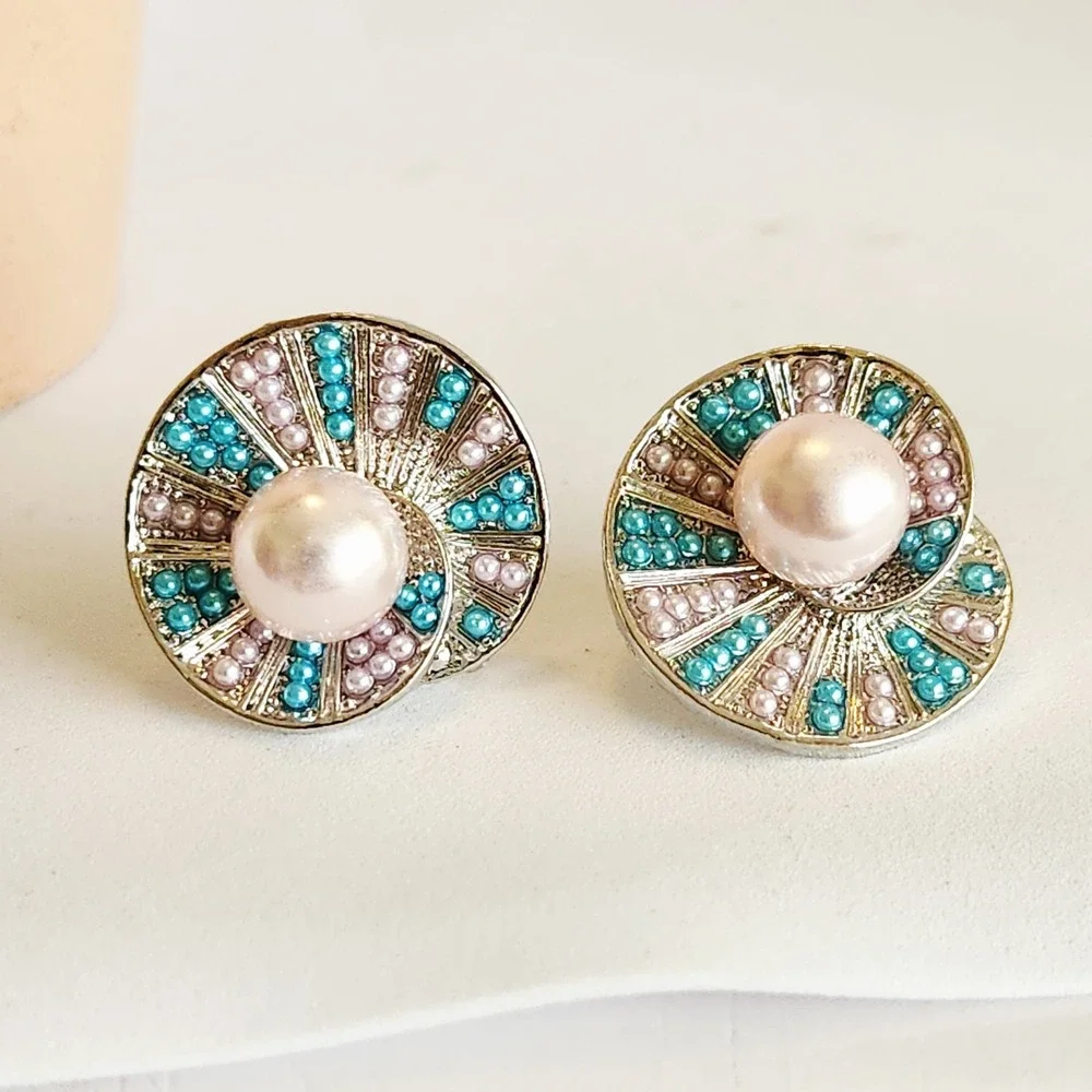 Silver Tone Pink Faux Pearl Teal Beaded Swirl‎ Statement Stud Earrings 1 Inch